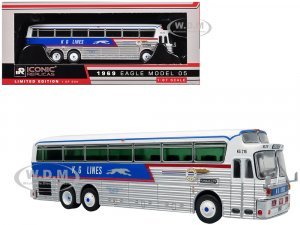 1969 Eagle Model 05 Coach Bus Golden Eagle - KG Lines/Greyhound White and Blue with Red Stripes