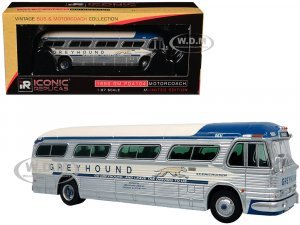 1959 GM PD4104 Motorcoach Bus Greyhound Silver and Cream with Blue Stripes Vintage Bus & Motorcoach Collection