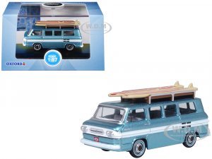 1961 Chevrolet Corvair Greenbrier Passenger Wagon Van Turquoise Metallic and Cameo White with Surfboards on Roof (HO) Scale
