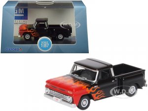 1965 Chevrolet C10 Stepside Pickup Truck Black with Flames Hot Rod  (HO) Scale