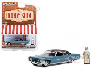 1972 Cadillac Coupe DeVille Blue with Black Top and Vintage Gas Pump The Hobby Shop Series 13