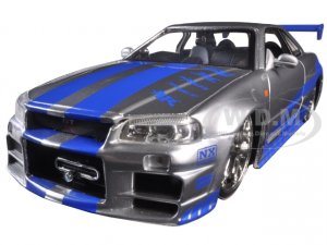Brians Nissan GTR Skyline R34 RHD (Right Hand Drive) Silver with Blue Stripes Fast & Furious Movie