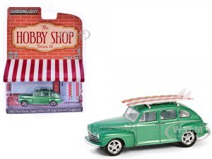 1946 Ford Fordor Super Deluxe Green Metallic with White Interior and Roof Rack with Surfboards The Hobby Shop Series 16