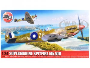 Level 4 Model Kit Supermarine Spitfire Mk.VIII Fighter Aircraft with 3 Scheme Options Plastic Model Kit by Airfix