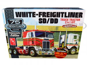 White Freightliner SD DD Truck Tractor 2-in-1 Kit with Display Base 75th Freightliner Anniversary Commemorative Edition 1 25 Scale Model by AMT