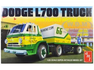 1966 Dodge L700 Truck with Flatbed Racing Trailer 1/25 Scale Model by AMT