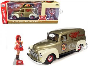 1951 GMC Sedan Delivery Gold Metallic and Beige Miller High Life and Miller Girl in the Moon Resin Figure 1 25