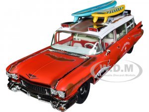 1959 Cadillac Eldorado Ambulance Red with White Top Malibu Beach Rescue (Weathered) with Surfboards on Roof Surf Shark