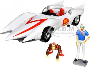 Mach 5 Five White with Chim-Chim Monkey and Speed Racer Figurines
