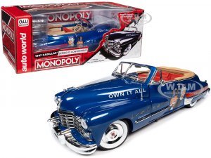 1947 Cadillac Series 62 Convertible Blue Metallic with Red Interior and Monopoly Graphics and Mr. Monopoly Resin Figure
