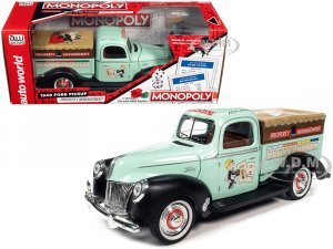 1940 Ford Pickup Truck Property Management Light Green with Graphics and Mr. Monopoly Construction Resin Figure Monopoly