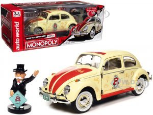1963 Volkswagen Beetle Yukon Yellow with Monopoly Graphics Free Parking and Mr. Monopoly Resin Figure