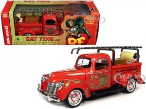 Rat Fink Fire Engine Truck Red with Graphics and Rat Fink Firefighter Resin Figure