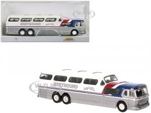 1956 GMC PD-4501 Scenicruiser Bus Silver and White with Blue and Red Stripes Greyhound 7 (HO) Scale