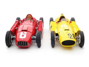 Bundle of 2 Cars 1956 Ferrari D50 #20 Andre Pilette 6th Place Grand Prix of Belgium (Yellow) and 1955 Ferrari Lancia D50 #6 Alberto Ascari Winner Grand Prix Turin Italy (Red)