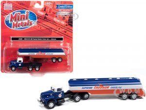 1954 IH R-190 Tractor Blue and White with Tanker Trailer Chevron Supreme Gasoline  (HO) Scale Model Truck by Classic Metal Works