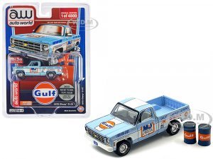1978 Chevrolet C10 Pickup Truck Light Blue with White Stripes Gulf Oil - M&J Service & Repair with Barrel Accessories 2023 New York Toy Fair