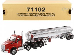 Kenworth T880 Day Cab Tandem Truck with Pusher-Axle and Heil Fleet Duty 9300/DT-C4 Petroleum Tanker Trailer Red and Chrome Transport Series