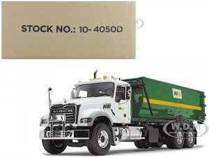 Mack Granite Garbage Truck Waste Management White and Green with Tub-Style Roll-Off Container