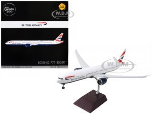 Boeing 777-300ER Commercial Aircraft with Flaps Down British Airways (G-STBH) White with Striped Tail Gemini 200 Series