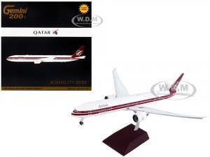 Boeing 777-300ER Commercial Aircraft with Flaps Down Qatar Airways White with Dark Red Stripes Gemini 200 Series