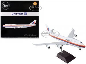 Boeing 747-400 Commercial Aircraft with Flaps Down United Airlines - Saul Bass Livery (N175UA) White with Stripes Gemini 200 Series