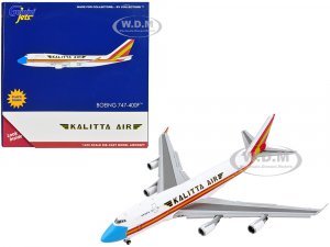 Boeing 747-400F Commercial Aircraft with Flaps Down Kalitta Air White with Stripes Mask Livery
