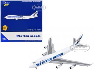 Boeing 747-400F Commercial Aircraft with Flaps Down Western Global White with Blue Tail Stripes