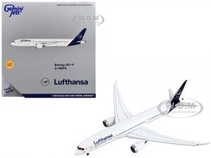 Boeing 787-9 Commercial Aircraft with Flaps Down Lufthansa White with Dark Blue Tail