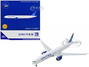 Boeing 777-300ER Commercial Aircraft with Flaps Down United Airlines White with Blue Tail