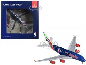 Airbus A380-800 Commercial Aircraft Emirates Airlines - Official NBA Partner (A6-EOD) Dark Blue with Striped Tail