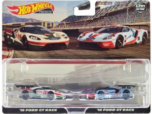 2016 Ford GT Race #67 White with Green and Red Stripes and 2016 Ford GT Race #69 Light Blue Metallic with Orange Stripes Car Culture Set of 2 Cars