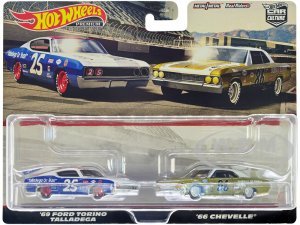 1969 Ford Torino Talladega #25 White and Blue with Red Top and 1966 Chevrolet Chevelle #86 Gold with White Top Car Culture Set of 2 Cars