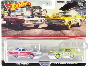 1963 Plymouth Belvedere 426 Wedge MOPAR White and Red with Blue Top and 1965 Dodge Coronet Eastbound and Crowned Yellow and White Car Culture Set of 2 Cars