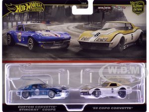 Chevrolet Custom Corvette Stingray Coupe #65 Blue Metallic with White Stripes and 1969 Chevrolet COPO Corvette #6 Gold Metallic and White Car Culture Set of 2 Cars
