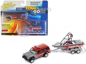 Jeep Cherokee XJ Red and Gray Traverse Bay Water Rescue with Boat and Trailer Tow & Go Series