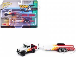 1980 Toyota Land Cruiser Pickup Truck White and Red with Stripes and Open Car Trailer