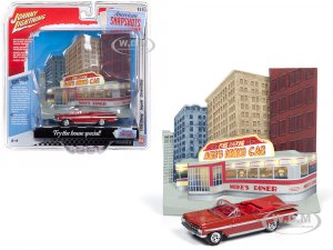 1959 Chevrolet Impala Convertible Red with Mikeâ€™s Diner Front Facade Diorama Set American Snapshots