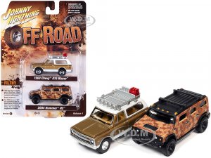 1969 Chevrolet K10 Blazer Gold Metallic and 2004 Hummer H2 Brown Camouflage Off Road Set of 2 Cars