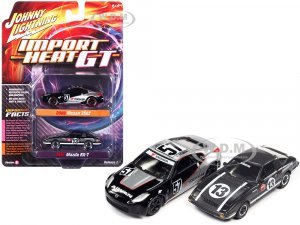 2006 Nissan 350Z #57 Black and Silver with Graphics and 1981 Mazda RX-7 #13 Dark Silver with Stripes Import Heat GT Set of 2 Cars
