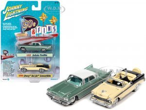 1959 Desoto Fireflite Surf Green Metallic with White Top and 1956 Chevrolet Bel Air Convertible Crocus Yellow and Black 50s & Fins Series Set of 2 Cars