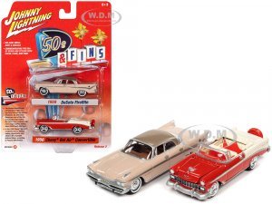 1959 Desoto Fireflite Spring Rose Pink with Golden Tan Top and 1956 Chevrolet Bel Air Convertible Matador Red and White 50s & Fins Series Set of 2 Cars
