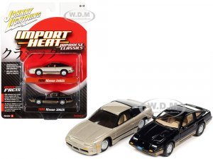 1985 Nissan 300ZX Thunder Black Body with Gold Trim and 1990 Nissan 240SX Champagne Gold Pearl with Black Stripes Import Heat Series Set of 2 Cars