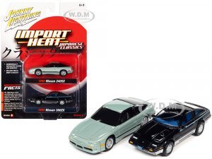 1985 Nissan 300ZX Black with Silver Trim and Blue Stripes and 1990 Nissan 240SX Silver Green Pearl with Black Stripes Import Heat Series Set of 2 Cars