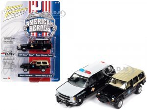 1997 Chevrolet Tahoe Texas Highway Patrol - Department of Public Safety Black and White and Jeep Cherokee XJ Florida State Trooper K9 Unit Black with Tan Top American Heroes Series Set of 2 Cars