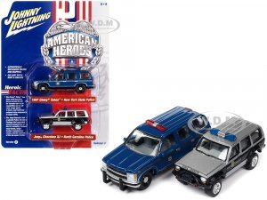 1997 Chevrolet Tahoe New York State Trooper Blue with Gold Stripes and Jeep Cherokee XJ North Carolina State Trooper Black and Silver American Heroes Series Set of 2 Cars
