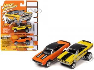 1970 Plymouth Road Runner Yellow with Black Gator Top and Black Stripes and 1969 Dodge Charger R T HEMI Orange with Black Top and Tail Stripe Zingers! Set of 2 Cars 2-Packs 2023 Release 1