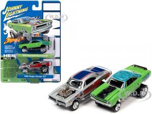 1970 Plymouth Road Runner HEMI Green with Blue Flower Top and Black Stripe and 1969 Dodge Charger R/T Silver Metallic with Graphics Dick Landy Zingers! Set of 2 Cars 2-Packs 2023 Release 1