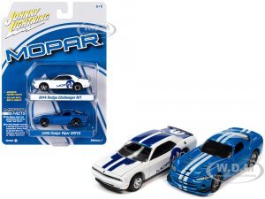 2014 Dodge Challenger R T White with Blue Stripes and Graphics and 2008 Dodge Viper SRT10 Blue Metallic with White Stripes MOPAR Set of 2 Cars 2-Packs 2023 Release 1