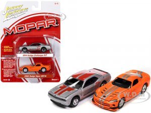 2014 Dodge Challenger R T Hellephant Silver Metallic with Red Stripes and Graphics and 2008 Dodge Viper SRT10 Orange with Silver Stripes MOPAR Set of 2 Cars 2-Packs 2023 Release 1
